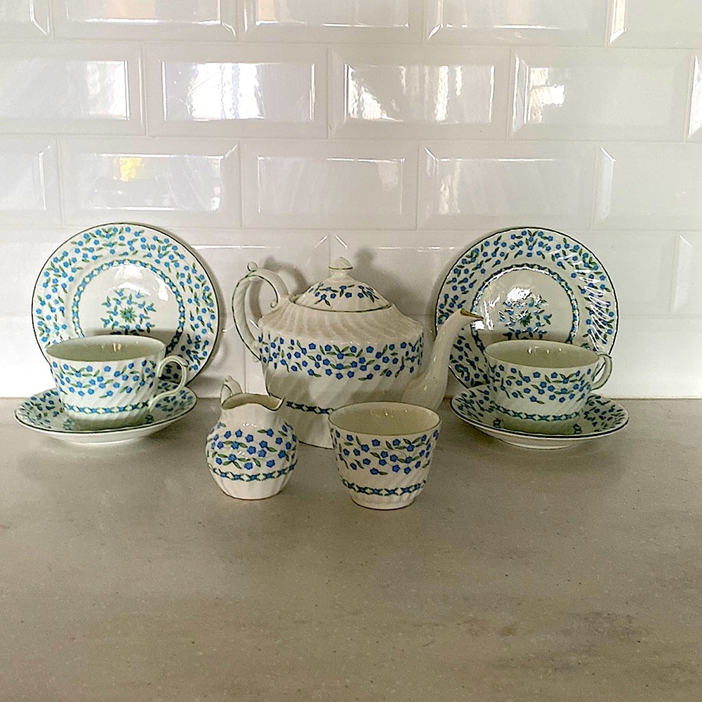Vintage AYNSLEY “Forget Me Not” pattern tea set for two.
